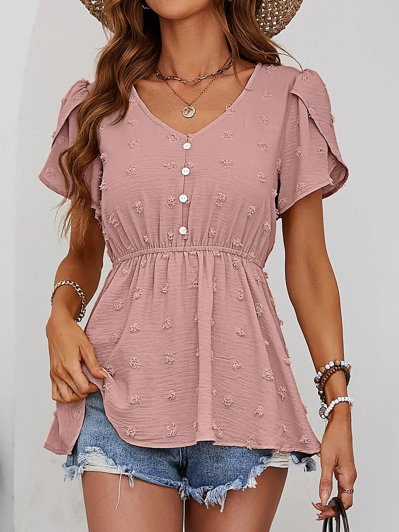 Swiss Dot Buttoned Petal Sleeve Peplum Blouse - Trendsi - Flyclothing LLC
