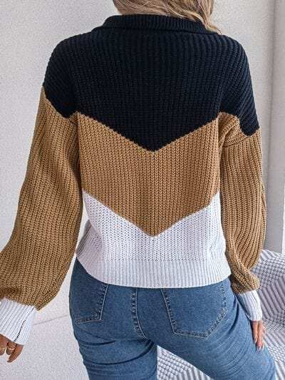 Color Block Dropped Shoulder Sweater - Trendsi - Flyclothing LLC