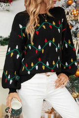 Round Neck Pattern Lantern Sleeve Sweater - Trendsi - Flyclothing LLC