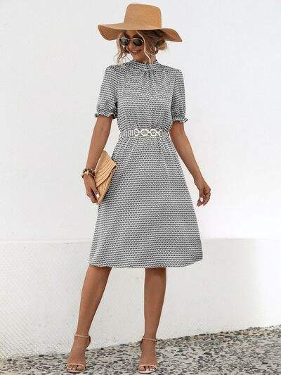 Printed Mock Neck Flounce Sleeve Dress - Trendsi - Flyclothing LLC