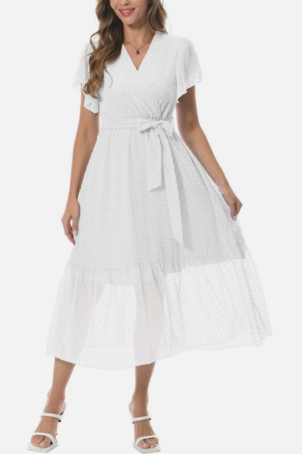 Surplice Neck Flutter Sleeve Tied Dress - Trendsi - Flyclothing LLC