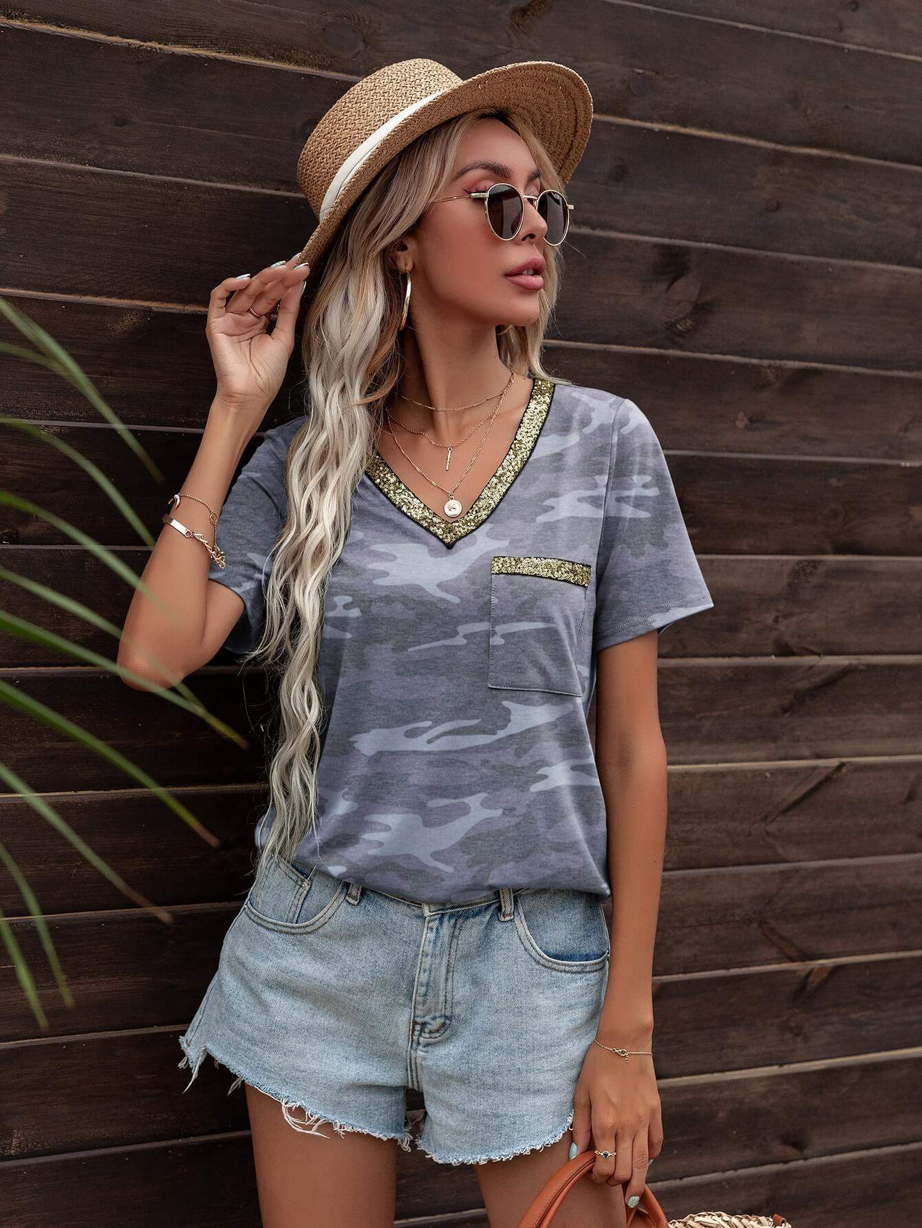 Glitter V-Neck Short Sleeve Tee Shirt - Trendsi - Flyclothing LLC