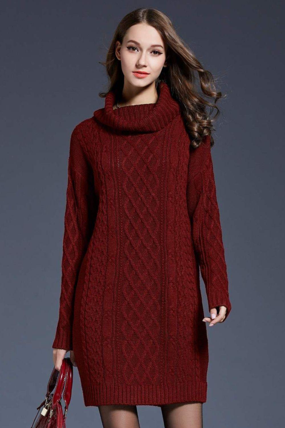 Full Size Mixed Knit Cowl Neck Dropped Shoulder Sweater Dress - Trendsi