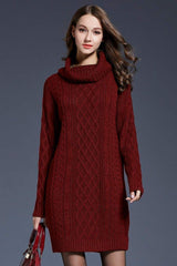 Full Size Mixed Knit Cowl Neck Dropped Shoulder Sweater Dress - Trendsi