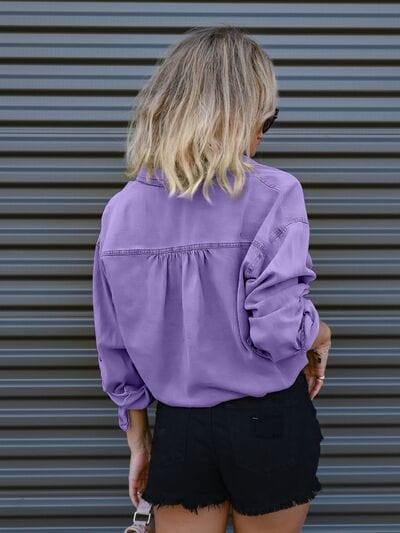 Drawstring Pocketed Button Up Denim Top - Trendsi