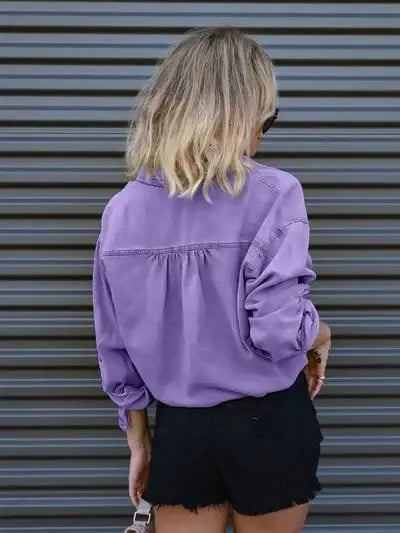 Drawstring Pocketed Button Up Denim Top - Trendsi - Flyclothing LLC