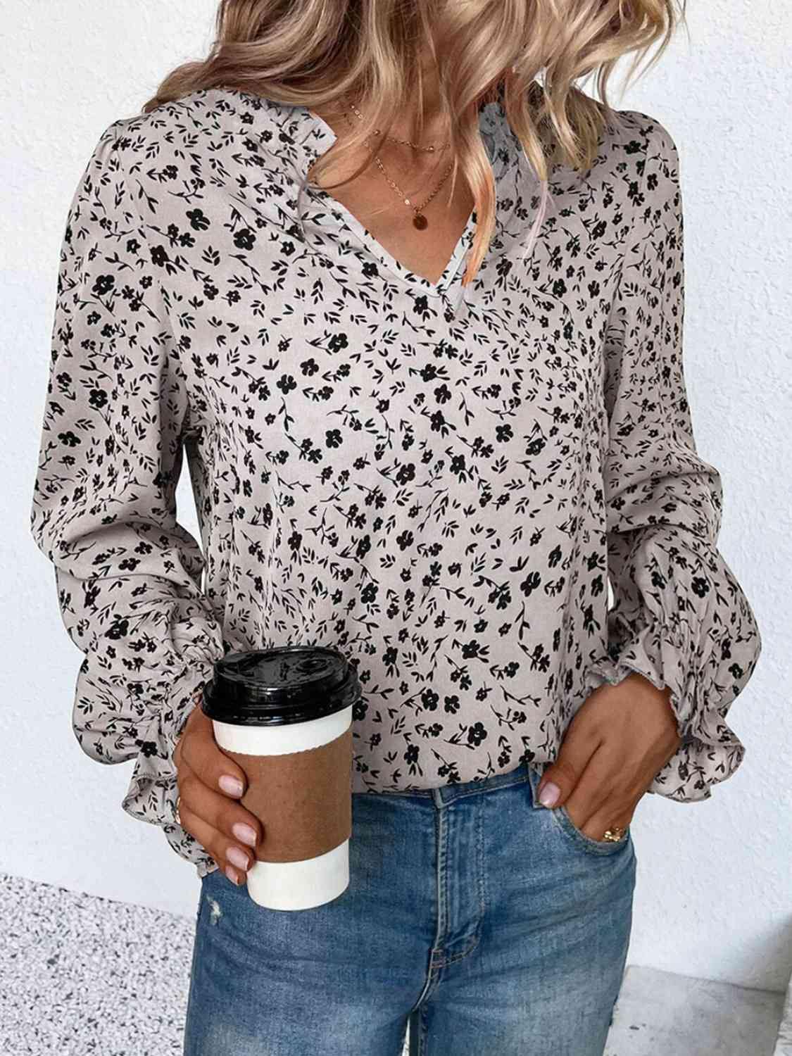 Notched Neck Flounce Sleeve Blouse - Trendsi