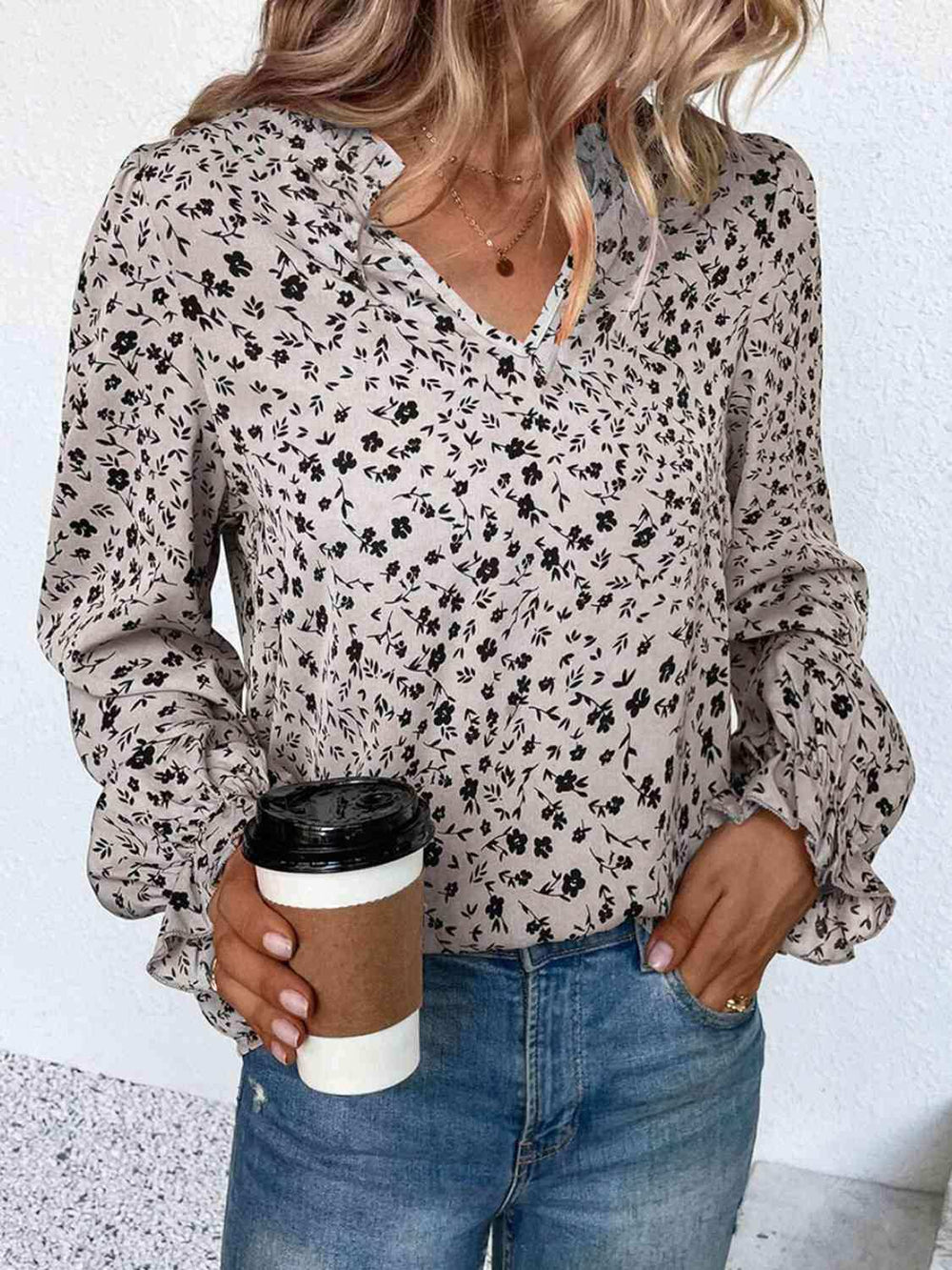 Notched Neck Flounce Sleeve Blouse - Trendsi - Flyclothing LLC