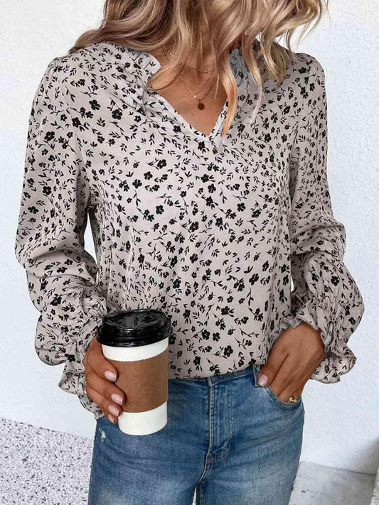 Notched Neck Flounce Sleeve Blouse - Trendsi