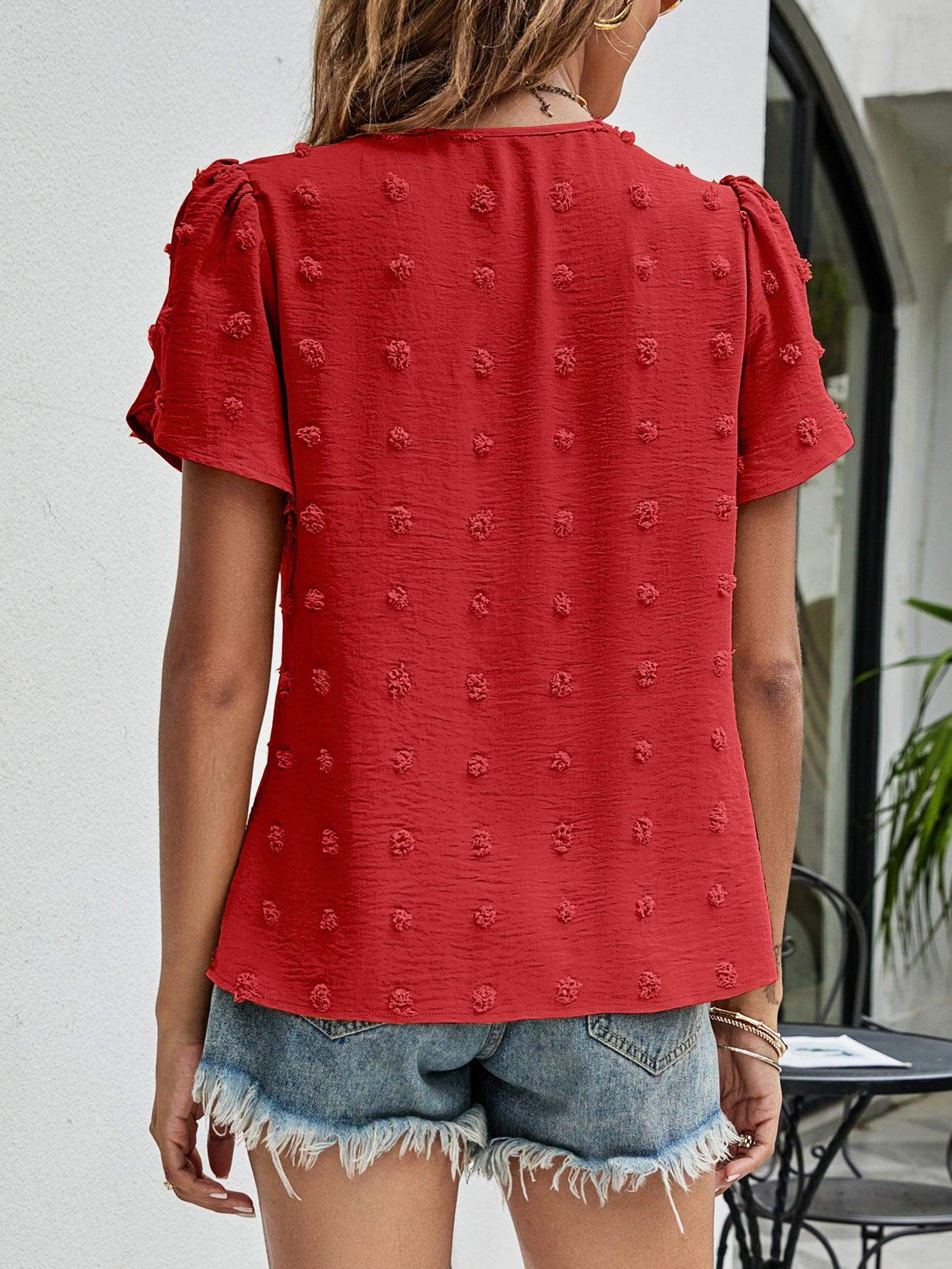 Swiss Dot Round Neck Petal Sleeve Top - Trendsi - Flyclothing LLC