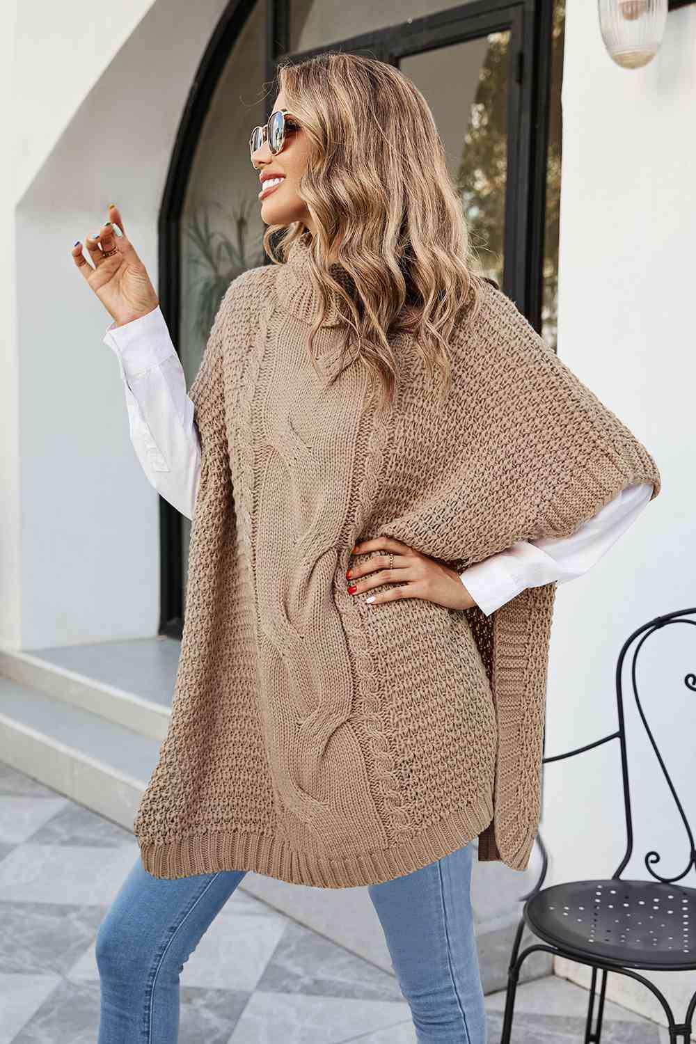 Cable-Knit Turtleneck Slit Sweater - Trendsi - Flyclothing LLC