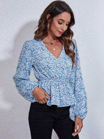 Floral V-Neck Balloon Sleeve Peplum Blouse - Trendsi - Flyclothing LLC