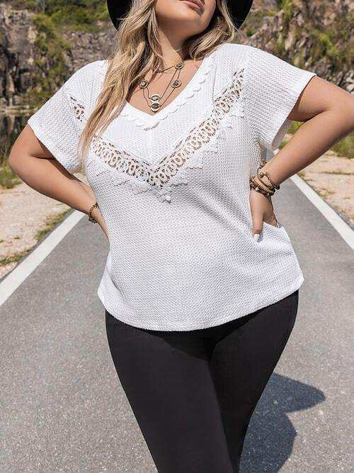 Plus Size Lace Detail V-Neck Short Sleeve Blouse - Trendsi - Flyclothing LLC