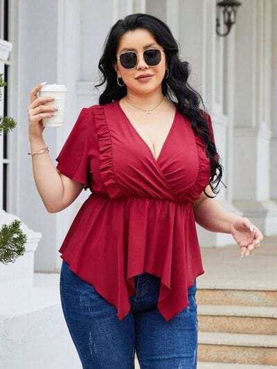 Plus Size Frill Surplice Flutter Sleeve Blouse - Trendsi - Flyclothing LLC