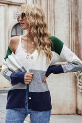 Color Block V-Neck Button Down Cardigan - Trendsi - Flyclothing LLC