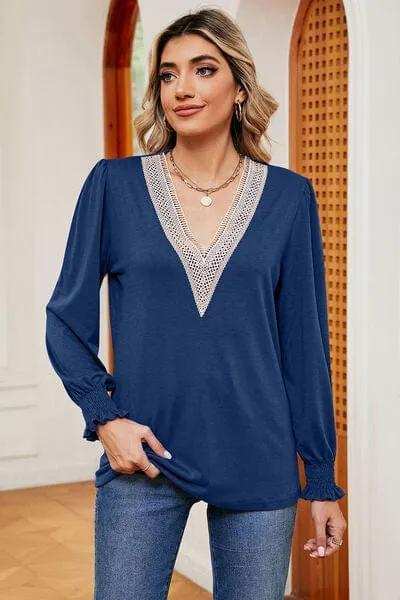 Lace Detail V-Neck Lantern Sleeve T-Shirt - Trendsi - Flyclothing LLC