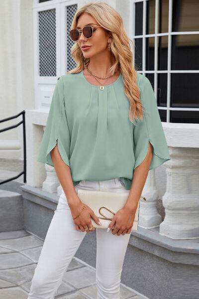 Round Neck Slit Half Sleeve Top - Trendsi - Flyclothing LLC