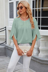 Round Neck Slit Half Sleeve Top - Trendsi
