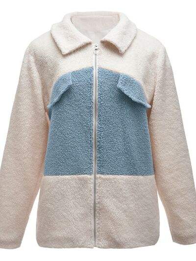 Plush Contrast Zip Up Coat - Trendsi - Flyclothing LLC