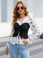 Floral Frill Trim Flounce Sleeve Drawstring Blouse - Trendsi