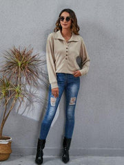 Half Button Dropped Shoulder Blouse - Trendsi