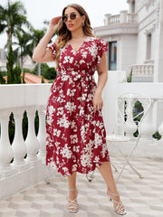 Plus Size Floral Tie Waist Surplice Neck Midi Dress - Trendsi