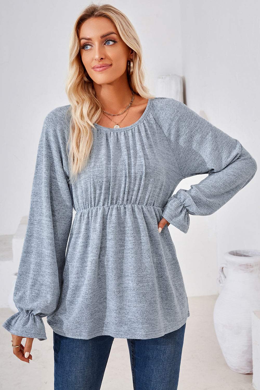 Ruched Round Neck Flounce Sleeve Blouse - Trendsi - Flyclothing LLC