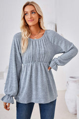 Ruched Round Neck Flounce Sleeve Blouse - Trendsi - Flyclothing LLC
