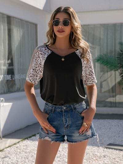 Leopard Round Neck Short Sleeve T-Shirt - Trendsi - Flyclothing LLC