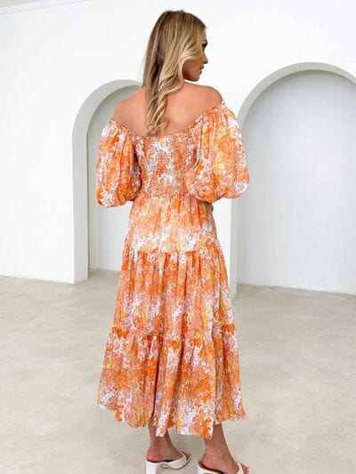 Printed Smocked Off-Shoulder Tiered Dress - Trendsi