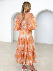 Printed Smocked Off-Shoulder Tiered Dress - Trendsi