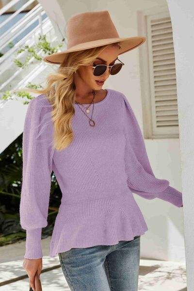 （No）Ribbed Round Neck Lantern Sleeve Sweater - Trendsi - Flyclothing LLC