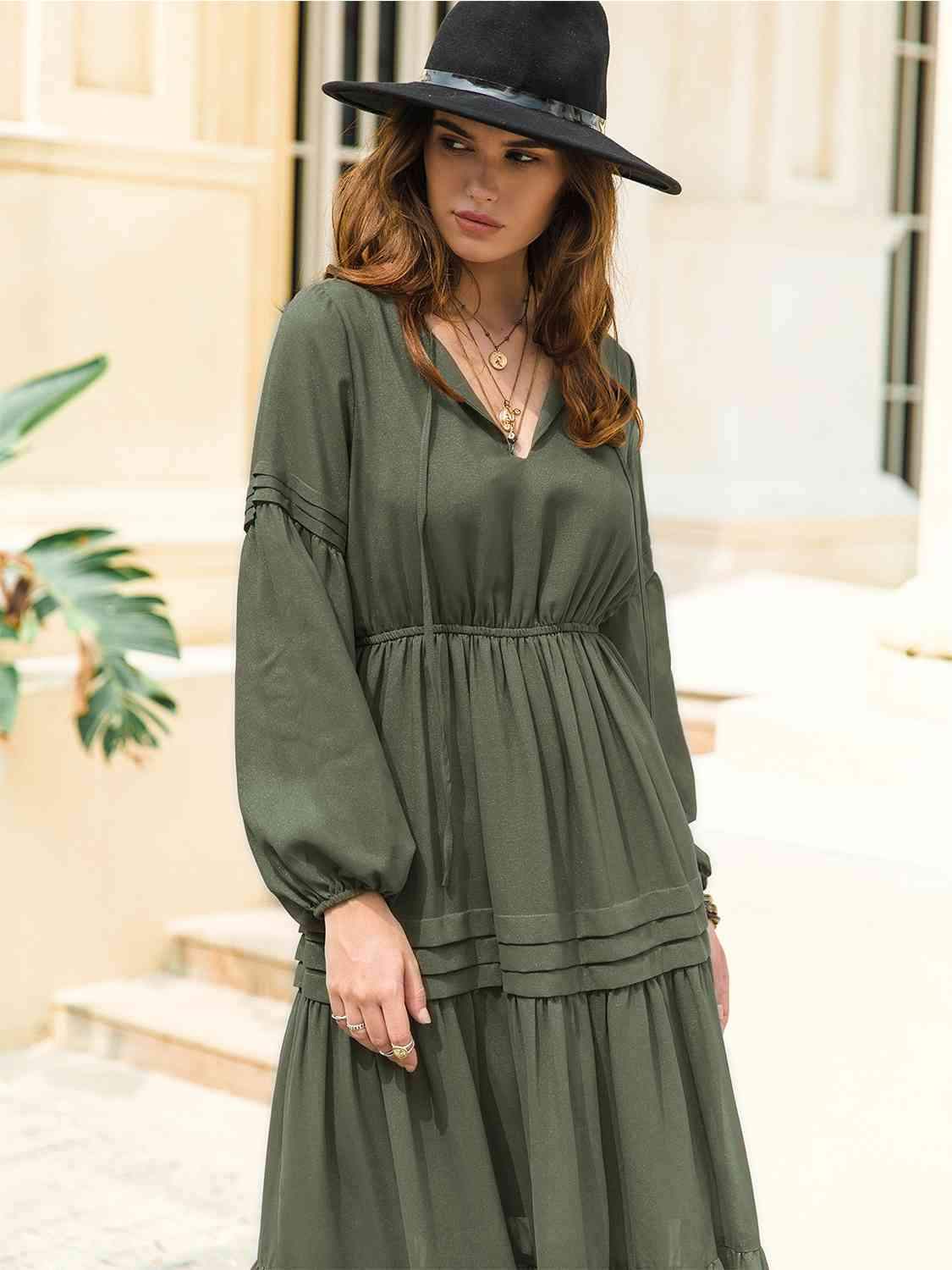 Tie Neck Long Sleeve Midi Tiered Dress - Trendsi - Flyclothing LLC
