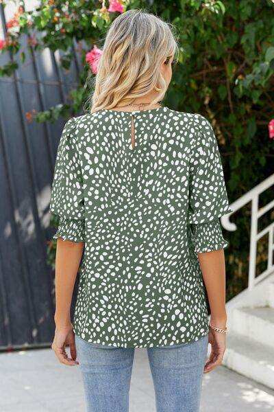 Polka Dot Round Neck Lantern Sleeve Blouse - Trendsi - Flyclothing LLC