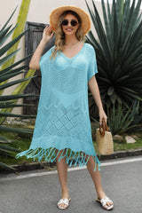 V-Neck Short Sleeve Fringe Hem Knit Dress - Trendsi - Flyclothing LLC