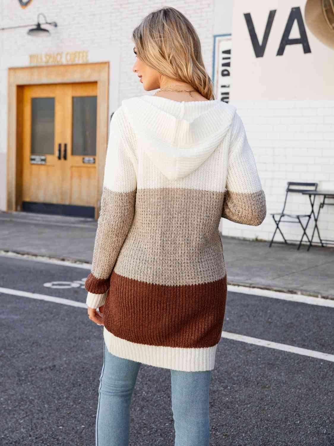 Color Block Open Front Hooded Cardigan - Trendsi - Flyclothing LLC