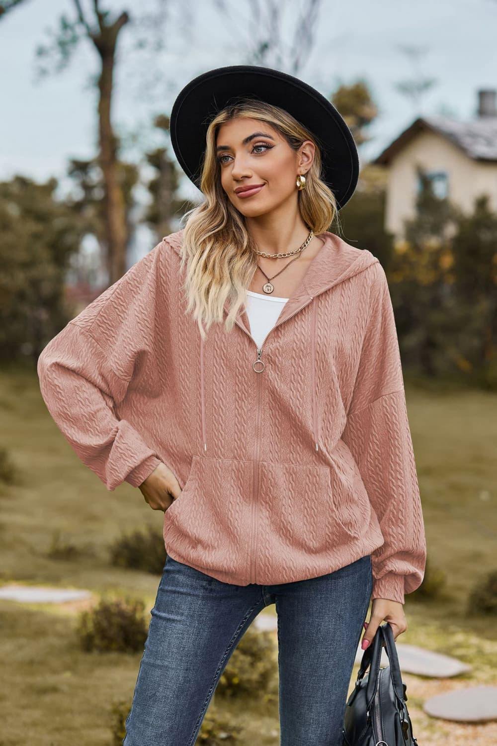 Cable-Knit Long Sleeve Hooded Jacket - Trendsi