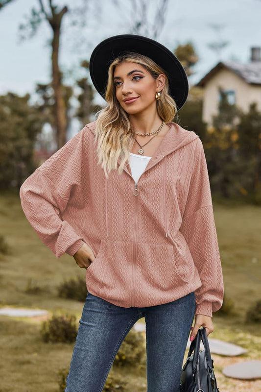 Cable-Knit Long Sleeve Hooded Jacket - Trendsi