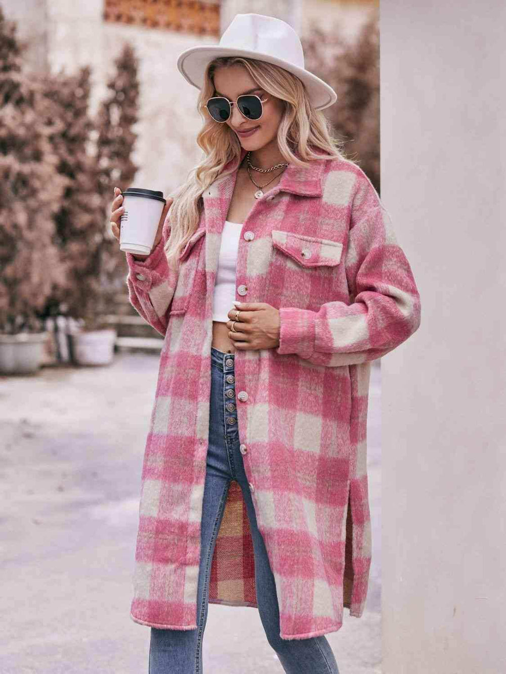 Plaid Dropped Shoulder Slit Coat - Trendsi - Flyclothing LLC