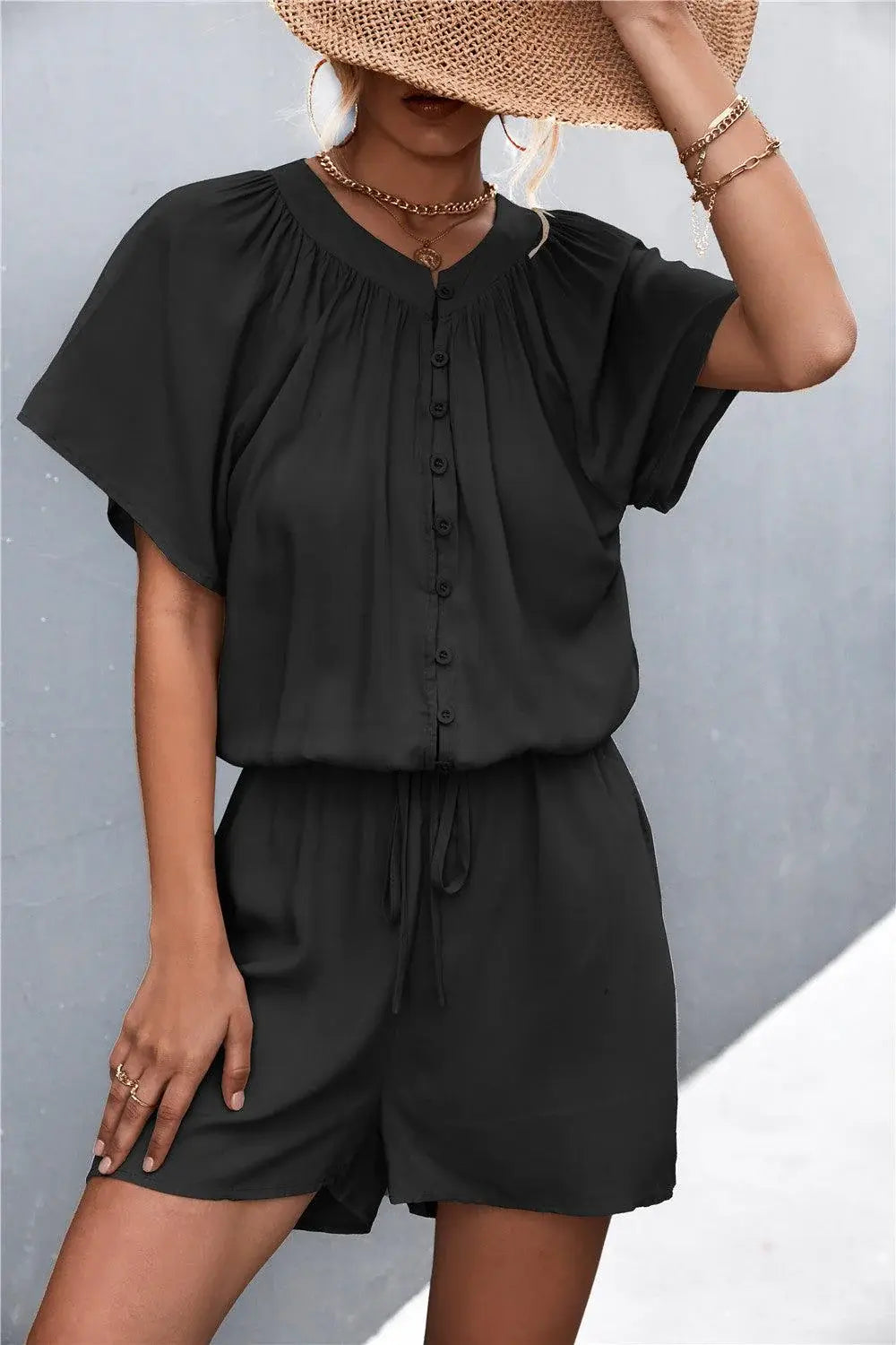 Buttoned Gather Detail Romper - Trendsi - Flyclothing LLC