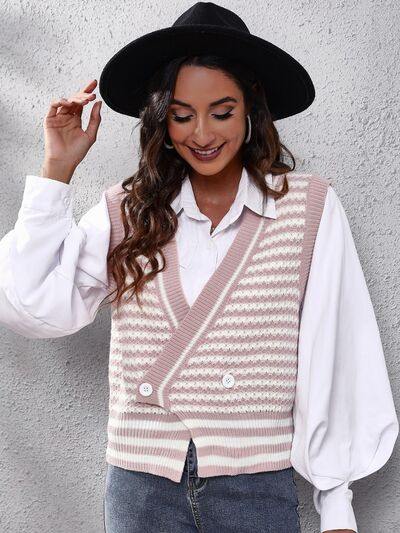 Striped Button Up V-Neck Sweater Vest - Trendsi