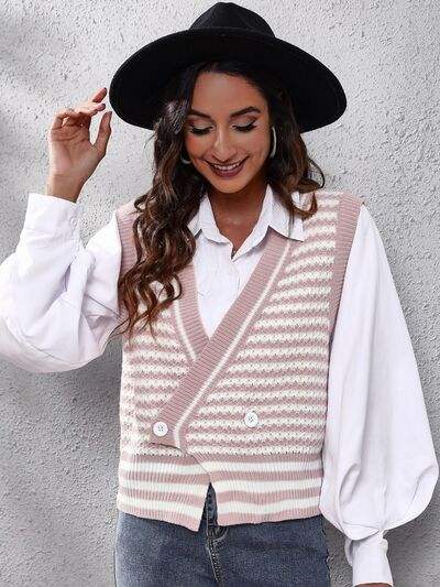Striped Button Up V-Neck Sweater Vest - Trendsi - Flyclothing LLC