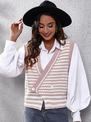 Striped Button Up V-Neck Sweater Vest - Trendsi