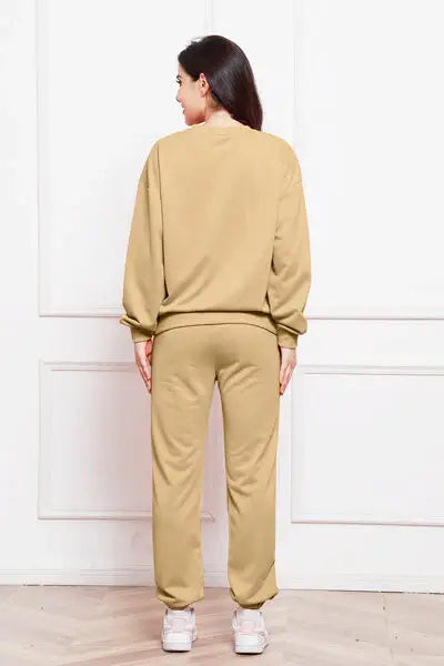 Round Neck Long Sleeve Sweatshirt and Pants Set - Trendsi - Flyclothing LLC
