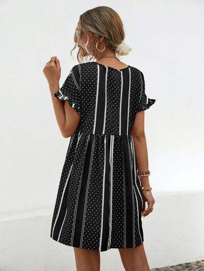 Striped Polka Dot Frill Short Sleeve Mini Dress - Trendsi - Flyclothing LLC