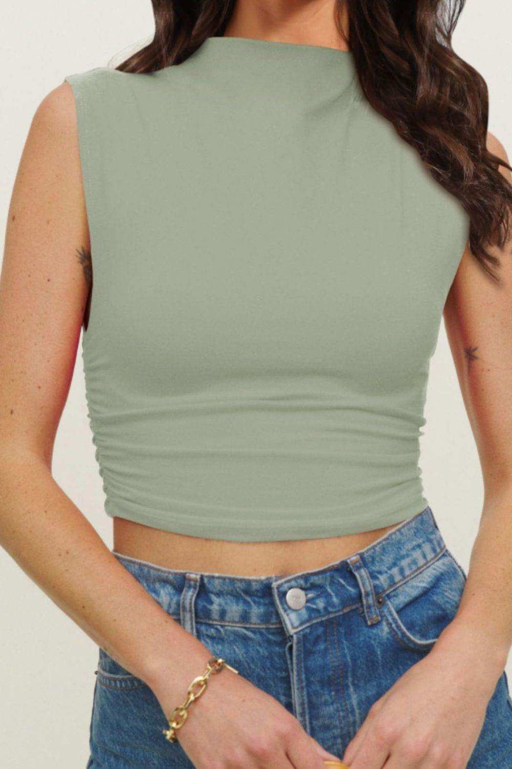 Mock Neck Ruched Cropped Tank - Trendsi - Flyclothing LLC