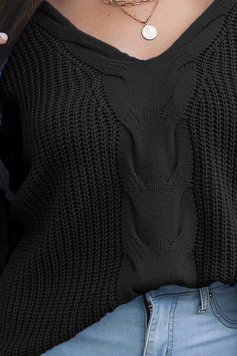 Cable-Knit V-Neck Sweater - Trendsi - Flyclothing LLC