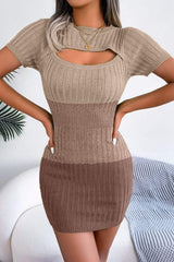 Color Block Cutout Short Sleeve Sweater Dress - Trendsi - Flyclothing LLC