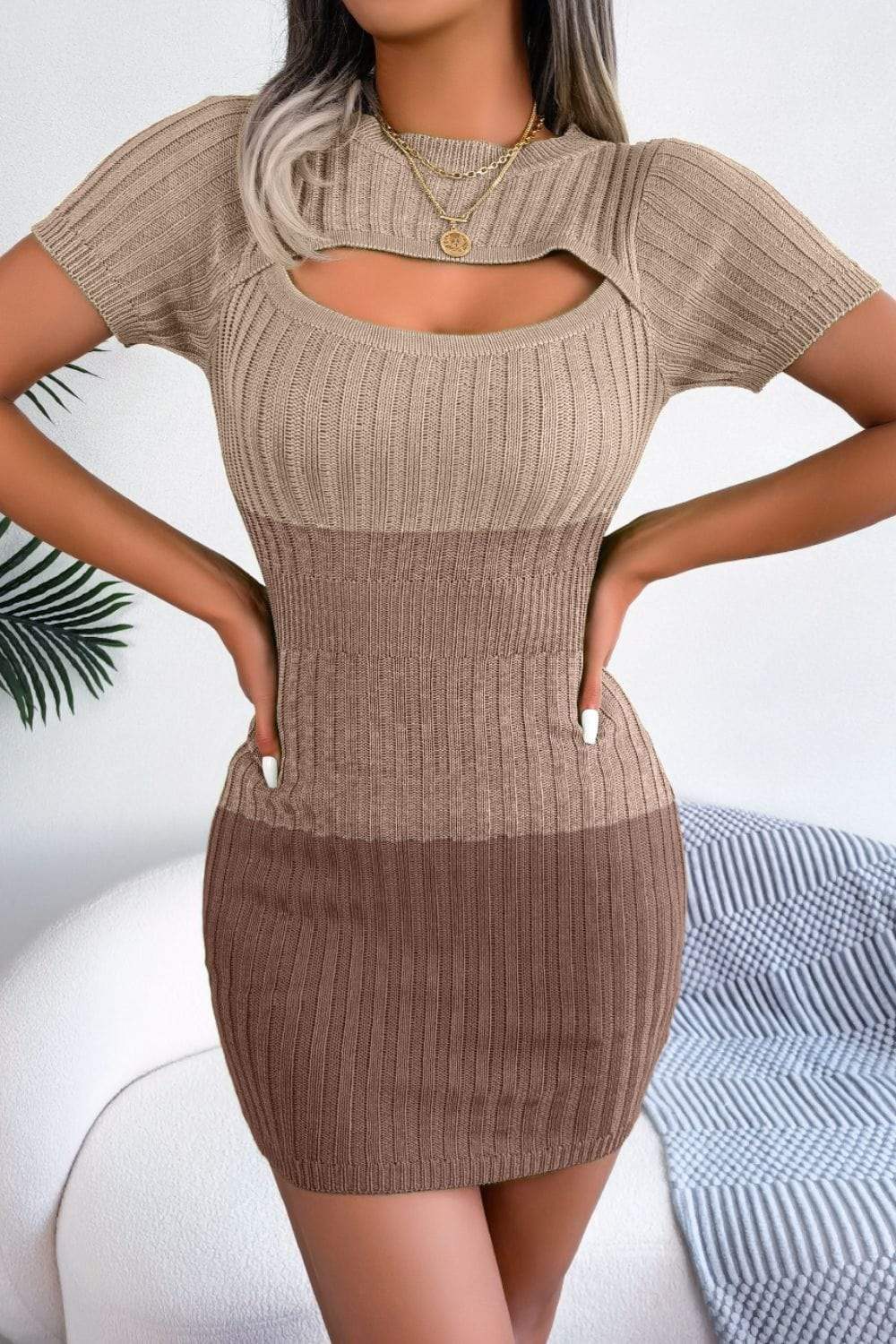 Color Block Cutout Short Sleeve Sweater Dress - Trendsi - Flyclothing LLC