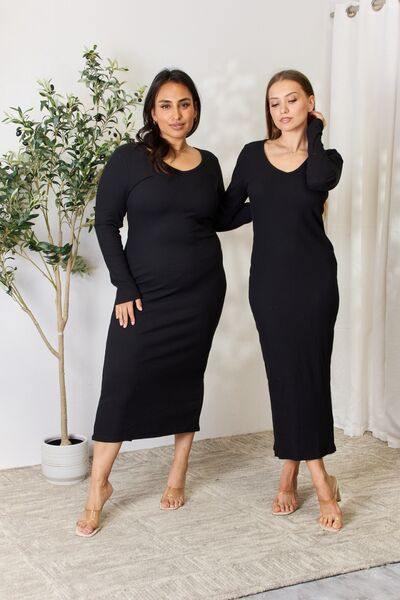 Culture Code Full Size Ribbed Long Sleeve Midi Slit Dress - Trendsi